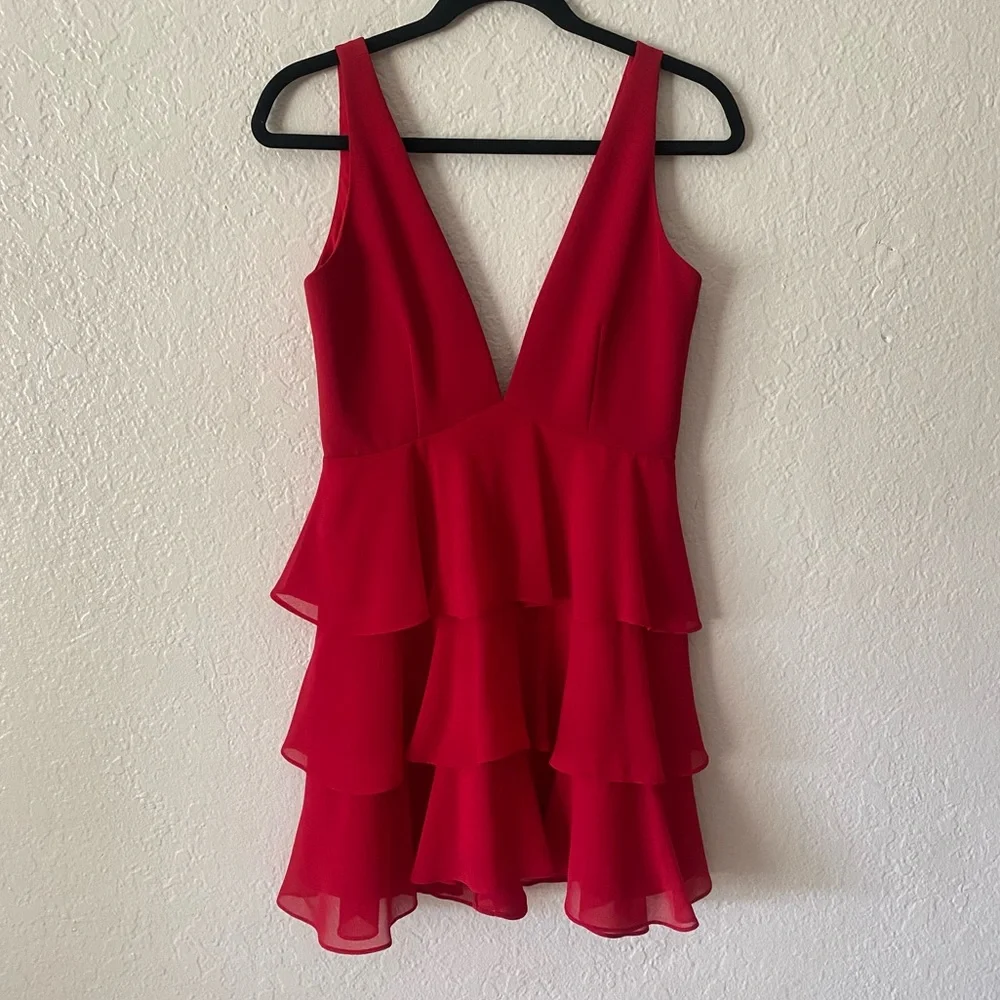 Privacy Please Hacienda Mini Dress Size S Red Tiered Plunge Neckline Party